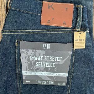 Kato “The Pen” Slim 4-way stretch Japanese raw selvedge. NWT. 33.5” inseam